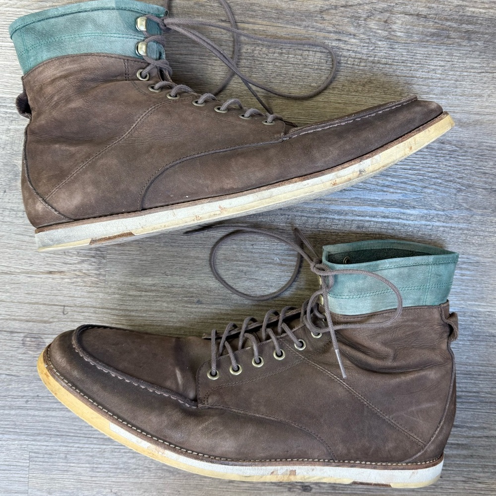 J Shoes The Operator Men's Brown Leather Boots with Green Accents, size 12